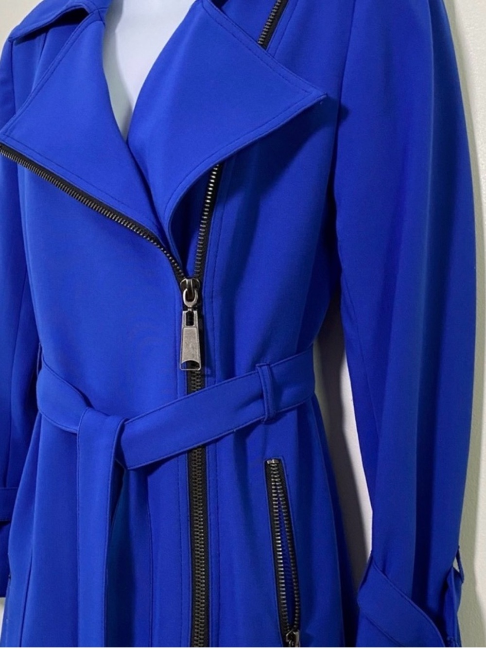 Cobalt Blue Belted Trench Coat with Asymmetric Zip by Insight - Picture 2 of 9